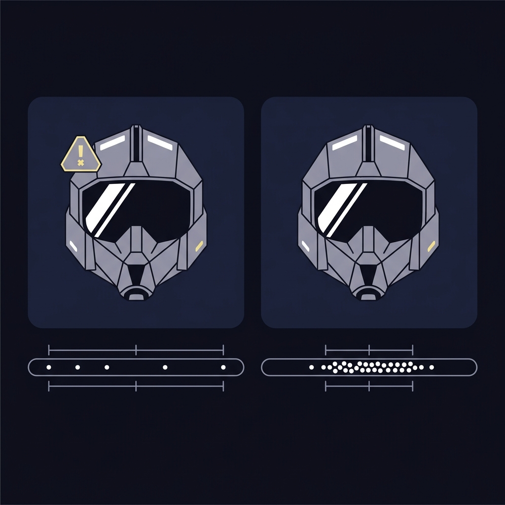 Minimalist 2D vector infographic of two stylized fighter helmets side by side illustrating sample size contrast left low count with caution badge wide interval sparse points right many attempts narrow interval dense points Why Small Samples Matter in Fighter Statistics