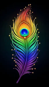 Stylized Peacock Feather Made of Woven Rainbow-Colored Glass Strands on Dark Background