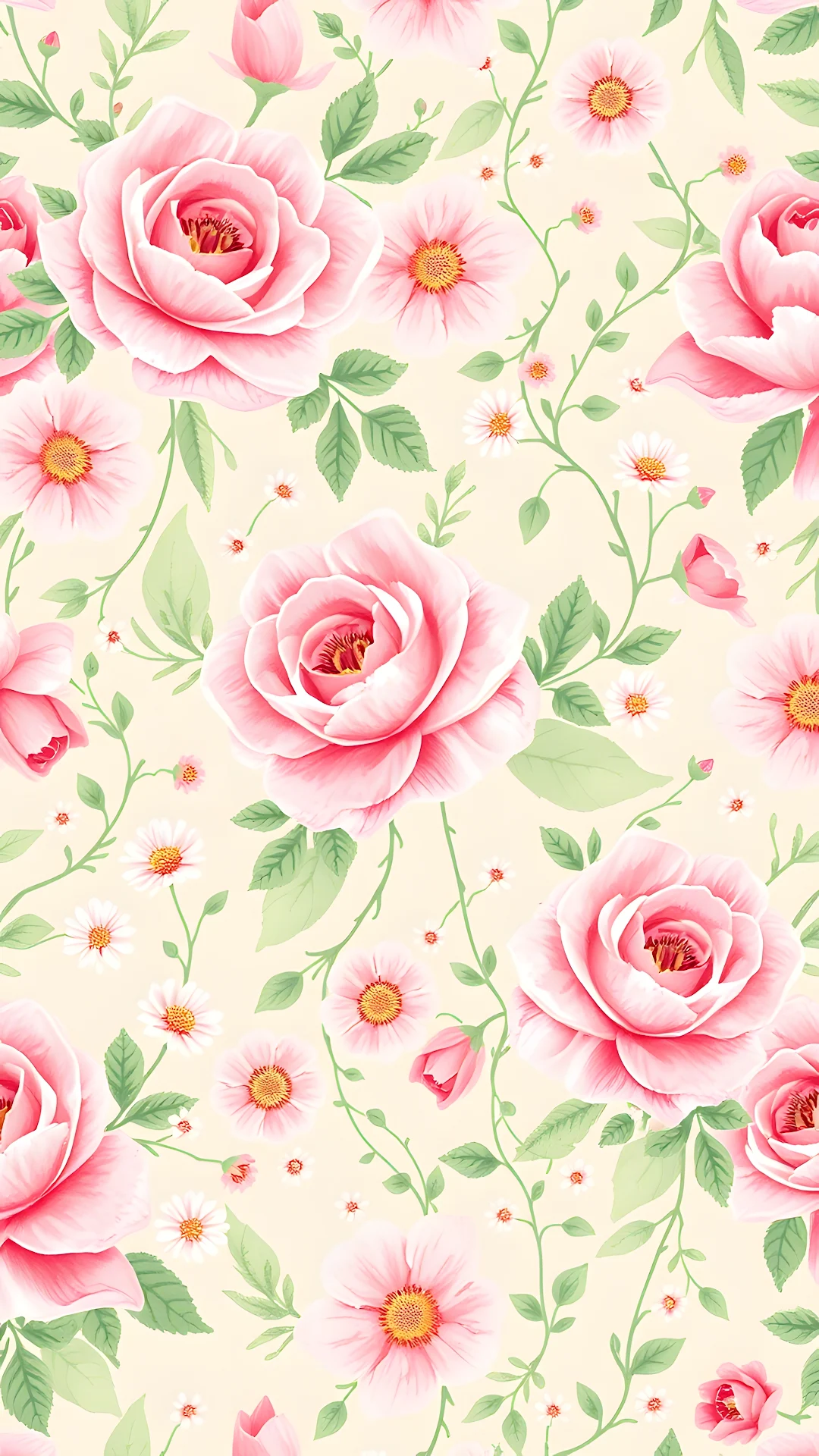 Seamless Pink Rose and Daisy Floral Pattern - Free 4K mobile Wallpaper