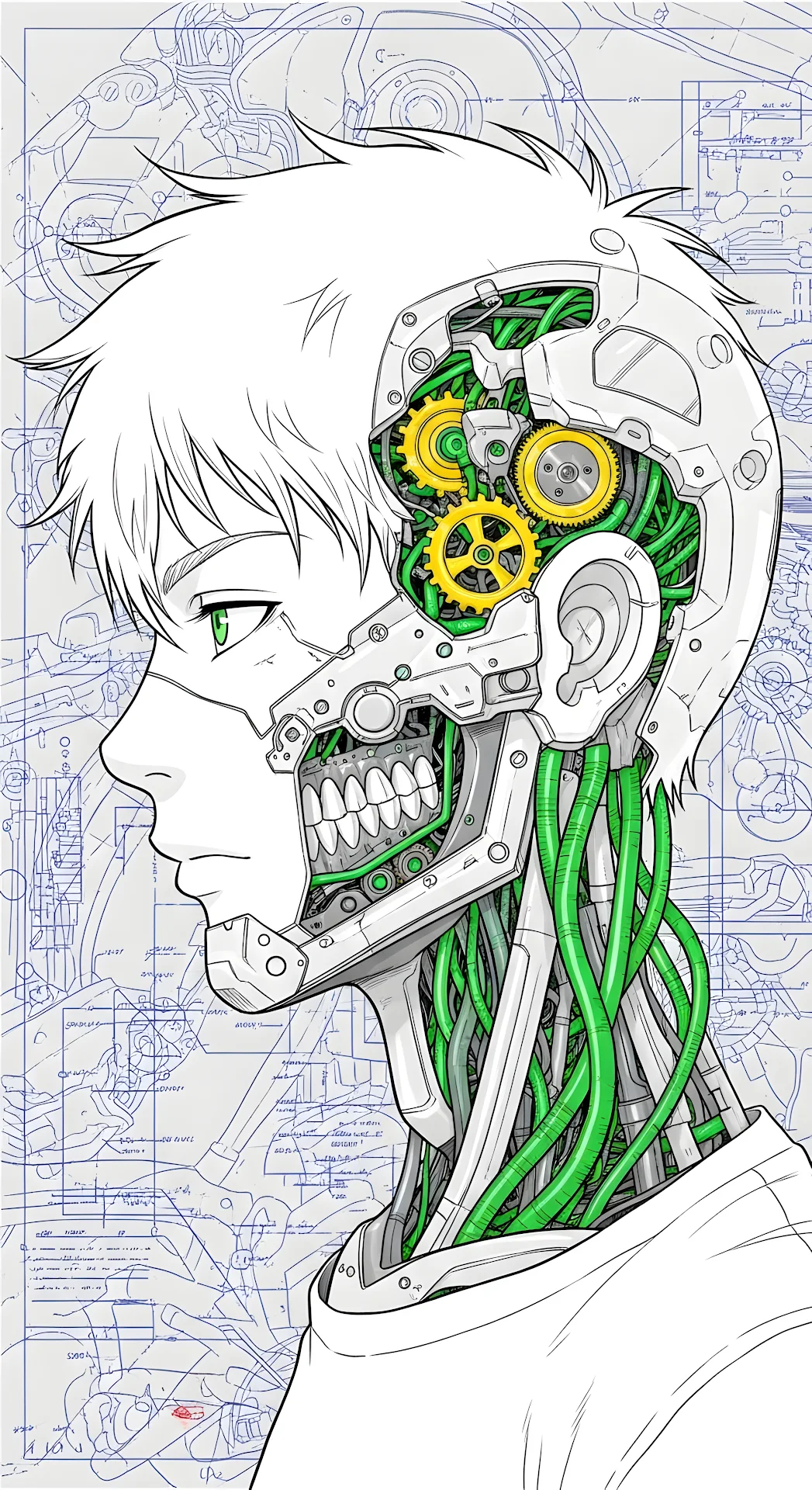 Technical Illustration of a Cyborg Male Character Anatomy Blueprint - Free 4K mobile Wallpaper