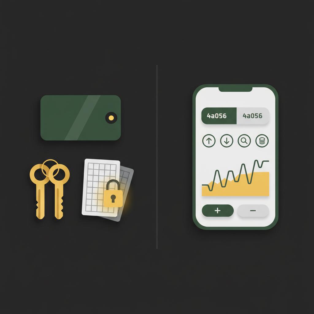 Minimalist 2D vector split illustration of a hardware wallet and keys on the left and a mobile trading app interface on the right illustrating custody trade offs best app for crypto trading