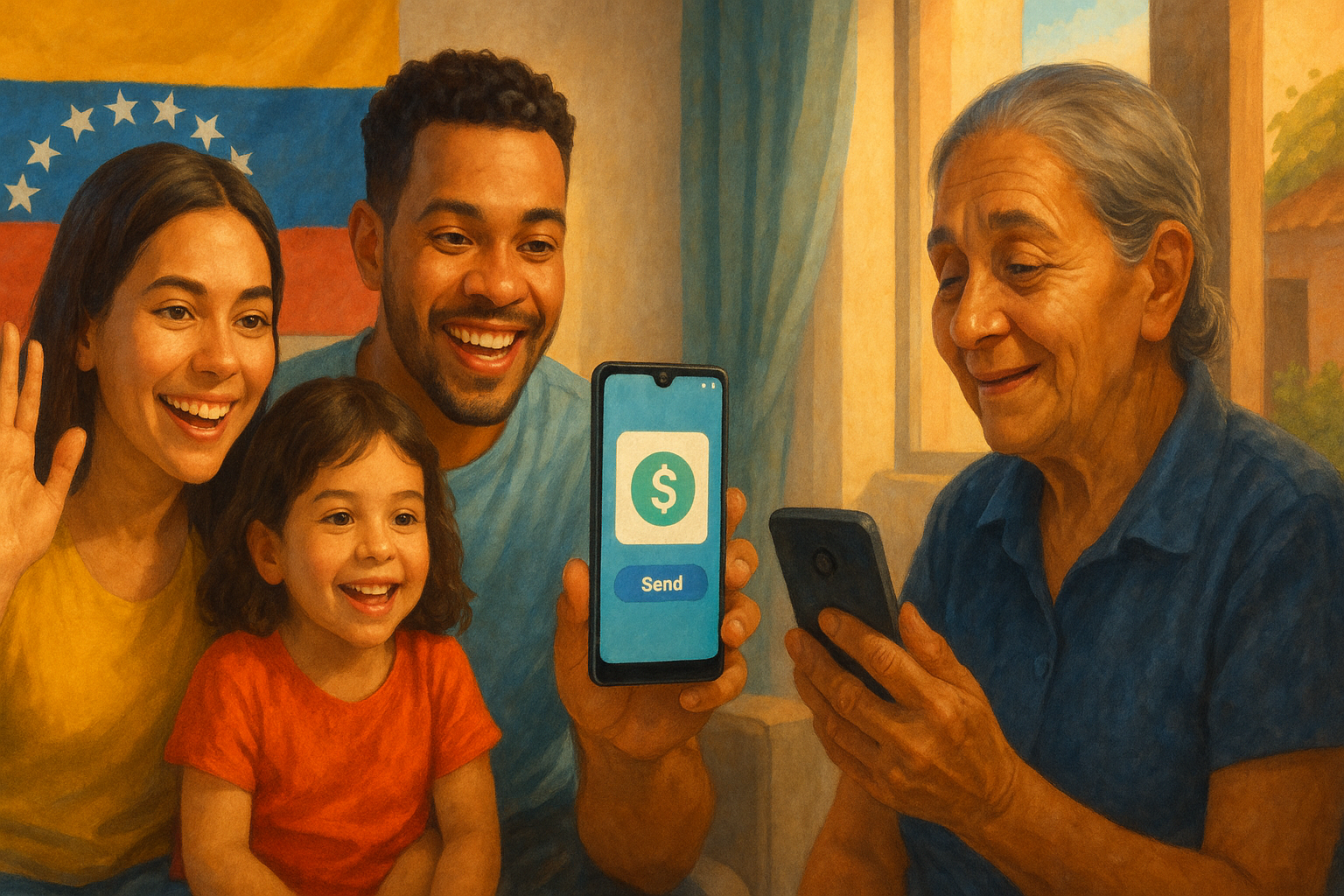 Familia venezolana recibiendo remesa digital en casa, pago móvil y apoyo familiar