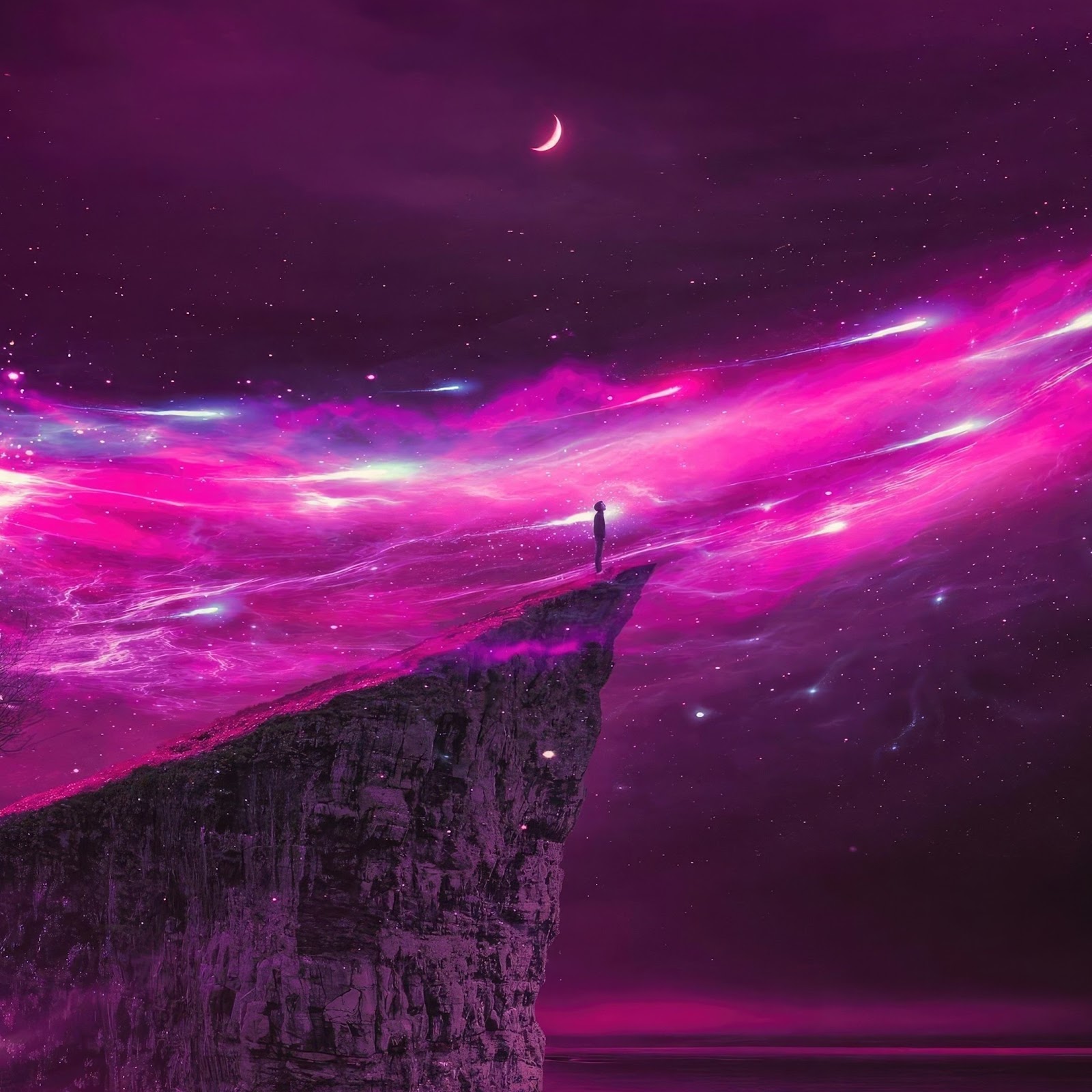 Download Fantasy Landscape, Purple Aesthetic, Cosmic Ocean, Cliff Edge 4K iPhone