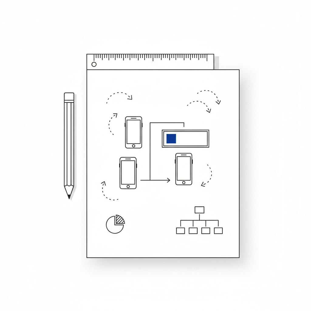 Minimal 2D vector flat-lay notebook with pencil and ruler showing hand-sketched diagrams of in-feed vs TopView ad placements and seasonality arrows for TikTok CPM