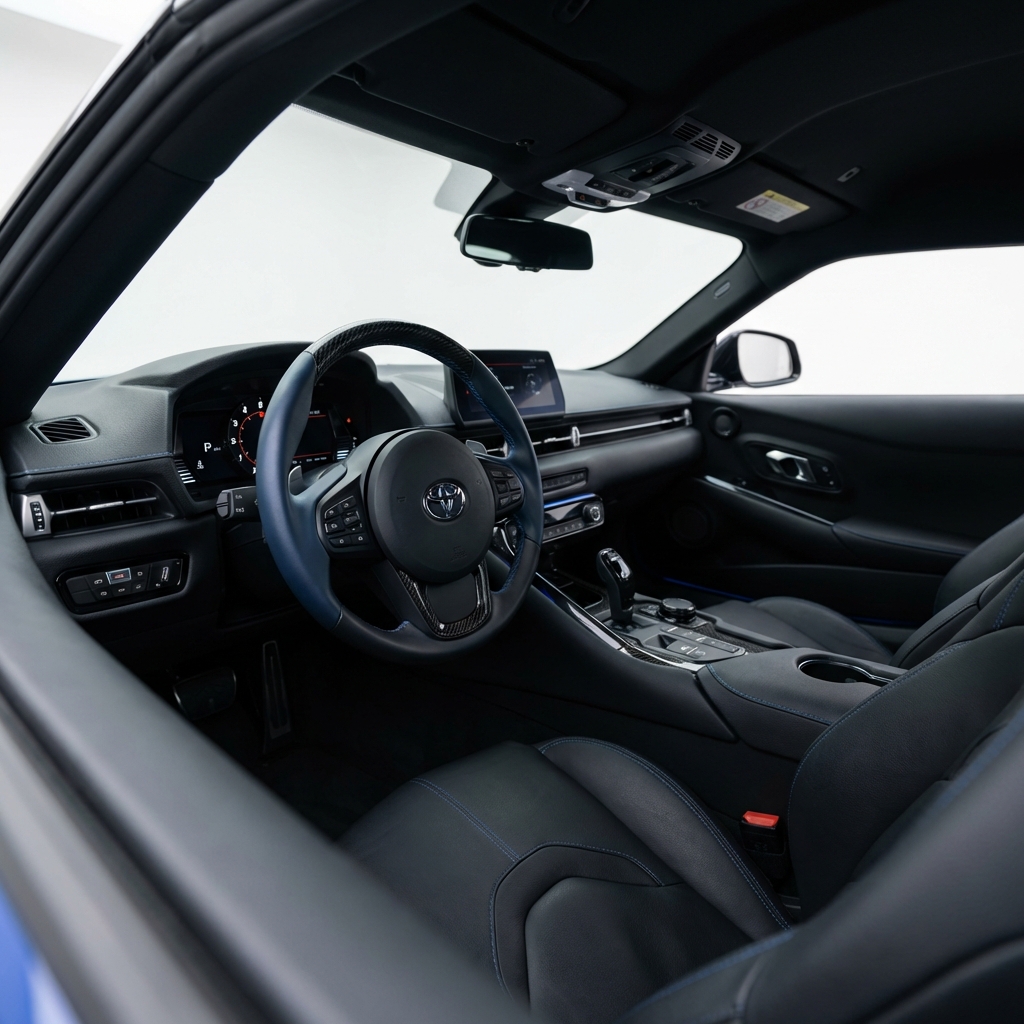 Driver focused Toyota Supra cockpit showing steering wheel instrument cluster and sport seats on a minimalist white background, toyota supra for sale