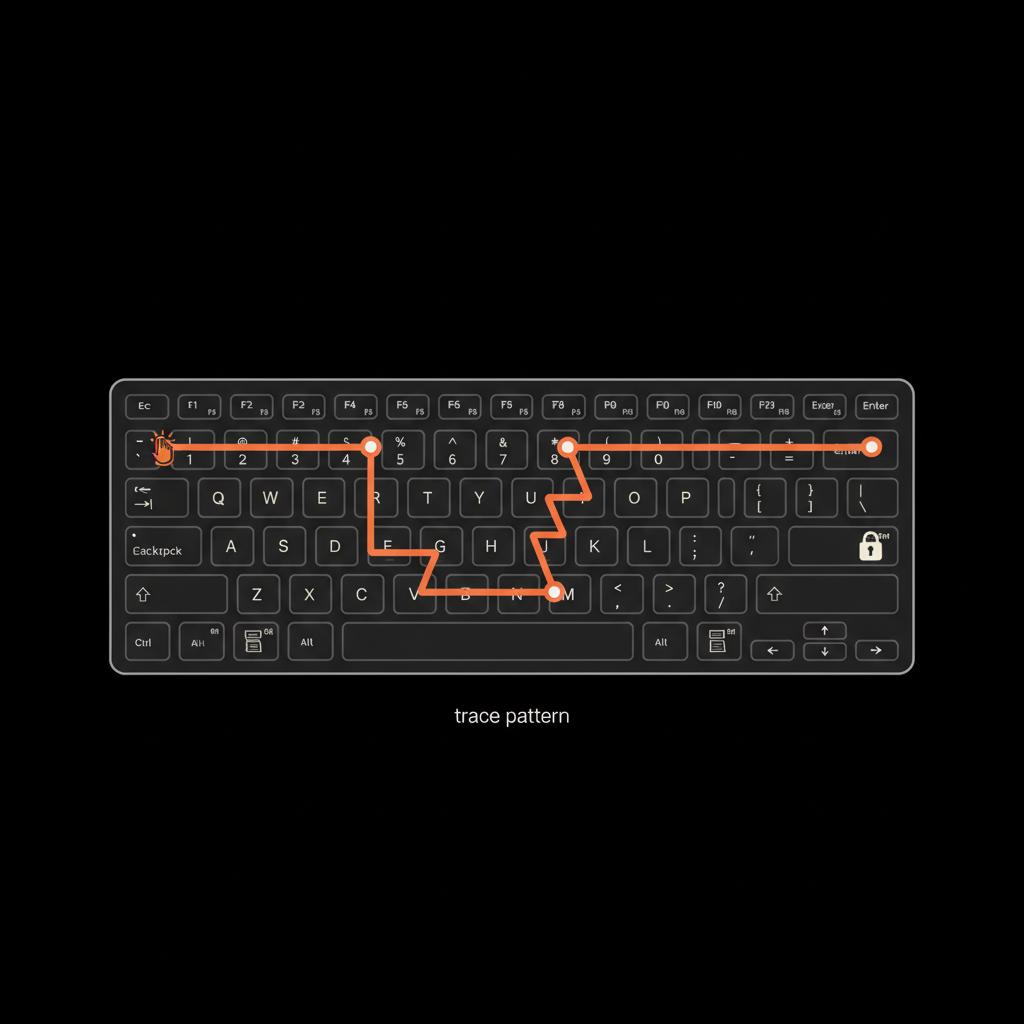 Minimal vector keyboard with L-shape and zigzag finger paths and label 'trace pattern' in Social Success Hub palette — how to remember a forgotten password