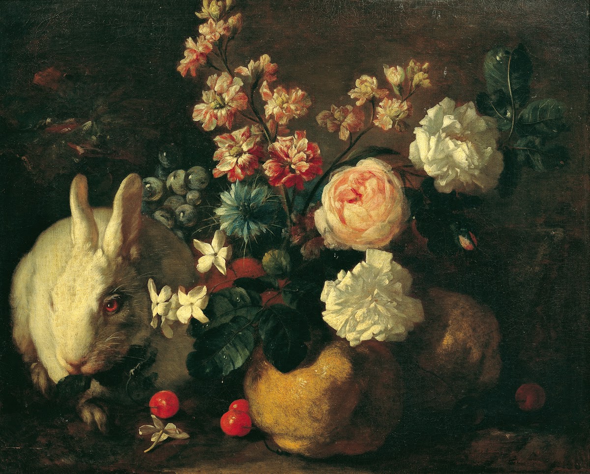 Stillleben mit Kaninchen Blumen und Früchten 1720 1724