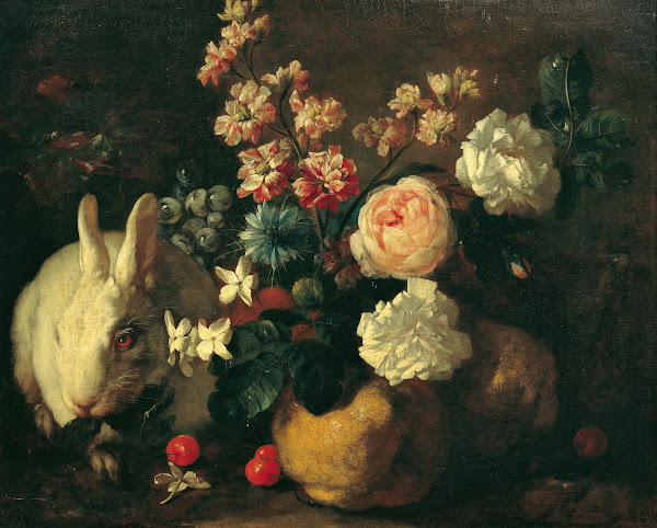 Stillleben mit Kaninchen Blumen und Früchten 1720 1724