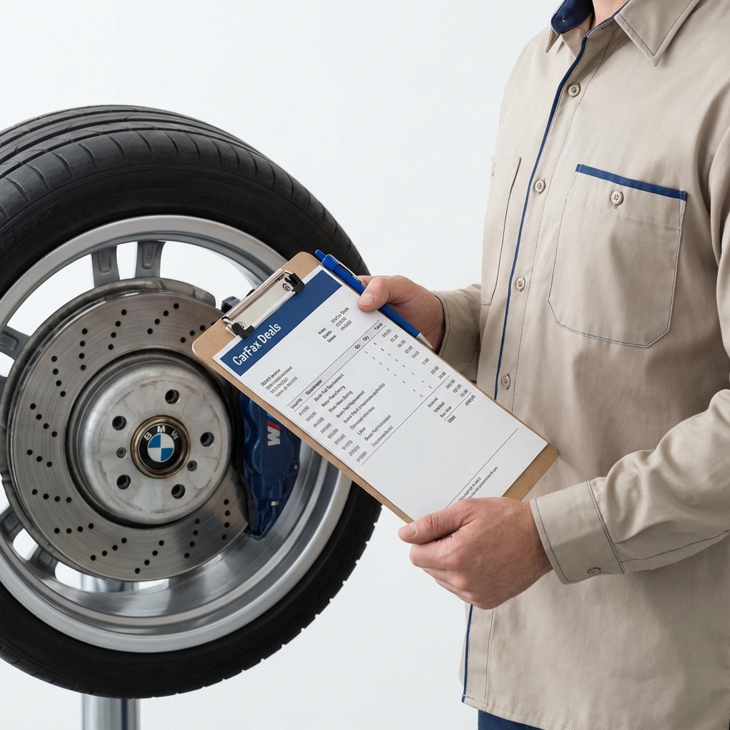Mechanic holding an itemized invoice next to a BMW wheel and brake assembly on white background minimalist layout clear negative space for caption bmw car dealership near me