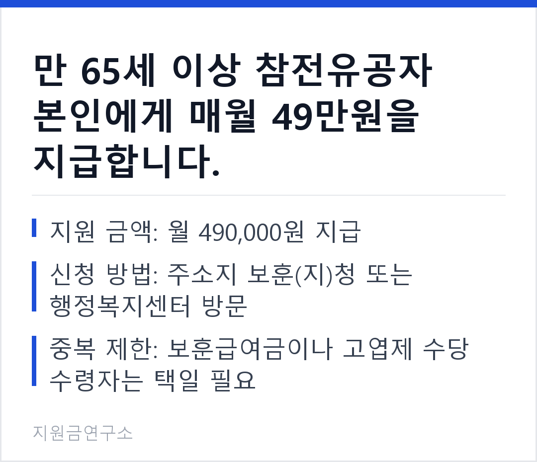 만 65세 이상 참전유공자 본인에게 매월 49만원을 지급합니다. 지원 금액: 월 490,000원 지급 신청 방법: 주소지 보훈(지)청 또는 행정복지센터 방문