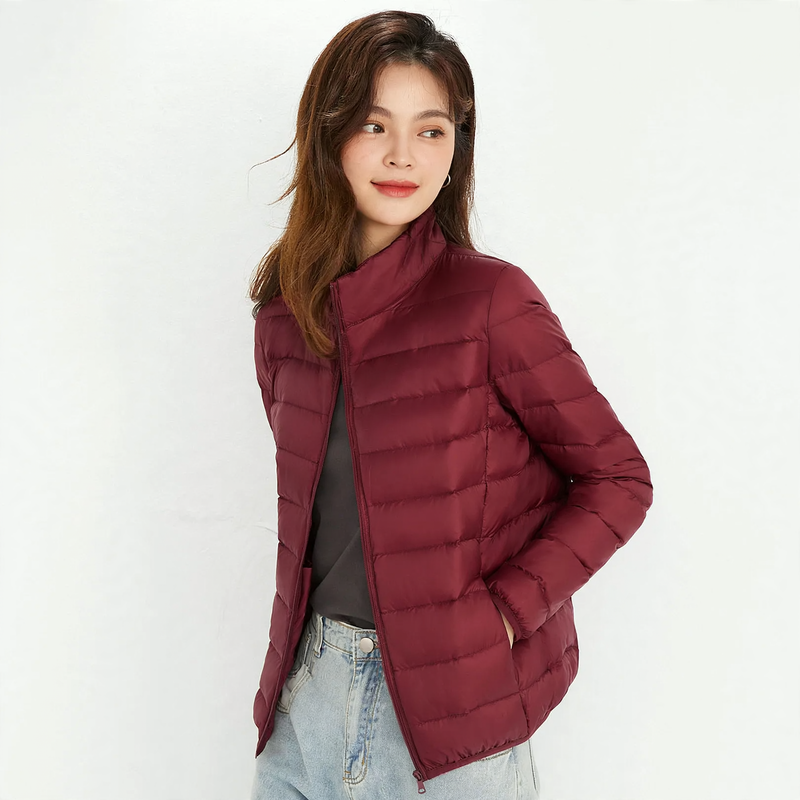 Lightweight down jacket for women, stand-up collar, white, duck down