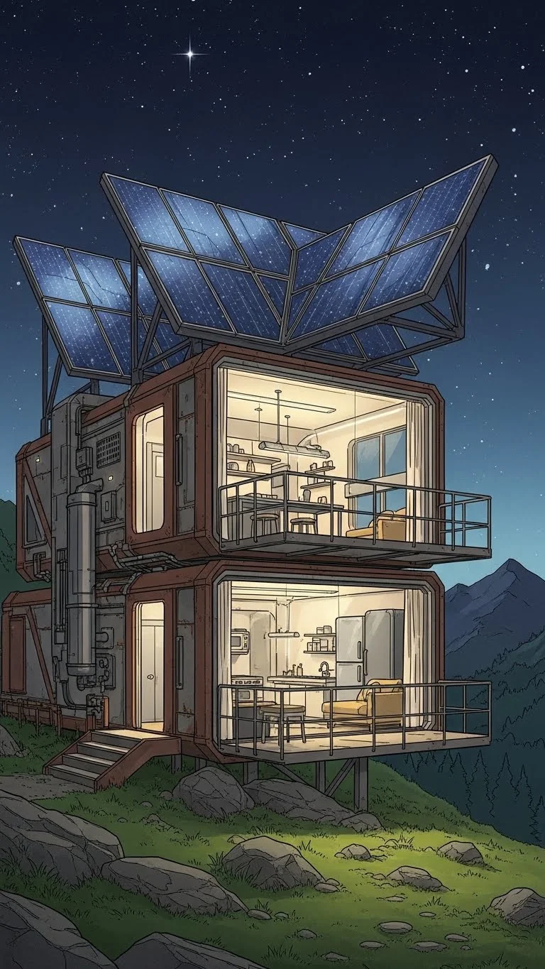 Concept Art of a Futuristic Off-Grid Cabin with Solar Panels in a Mountain Landscape - Free 4K mobile Wallpaper