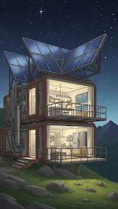 Concept Art of a Futuristic Off-Grid Cabin with Solar Panels in a Mountain Landscape