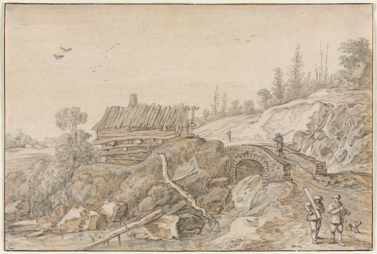 Hilly Landscape with Hut Beside a Stream 1627