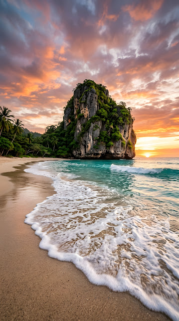 Stunning Tropical Beach with Limestone Karst Island at Golden Hour - Free mobile Wallpaper