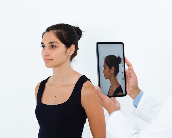 Un médecin prenant une photo du profil gauche du patient avec une tablette pour créer un modèle 3D avec Crisalix.
