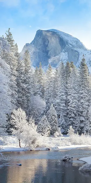 Yosemite, Snow, Winter, Mountain, River 4K Wallpaper Background