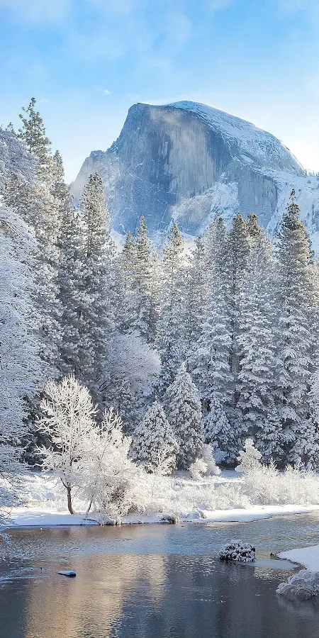 Yosemite, Snow, Winter, Mountain, River 4K Phone Wallpaper