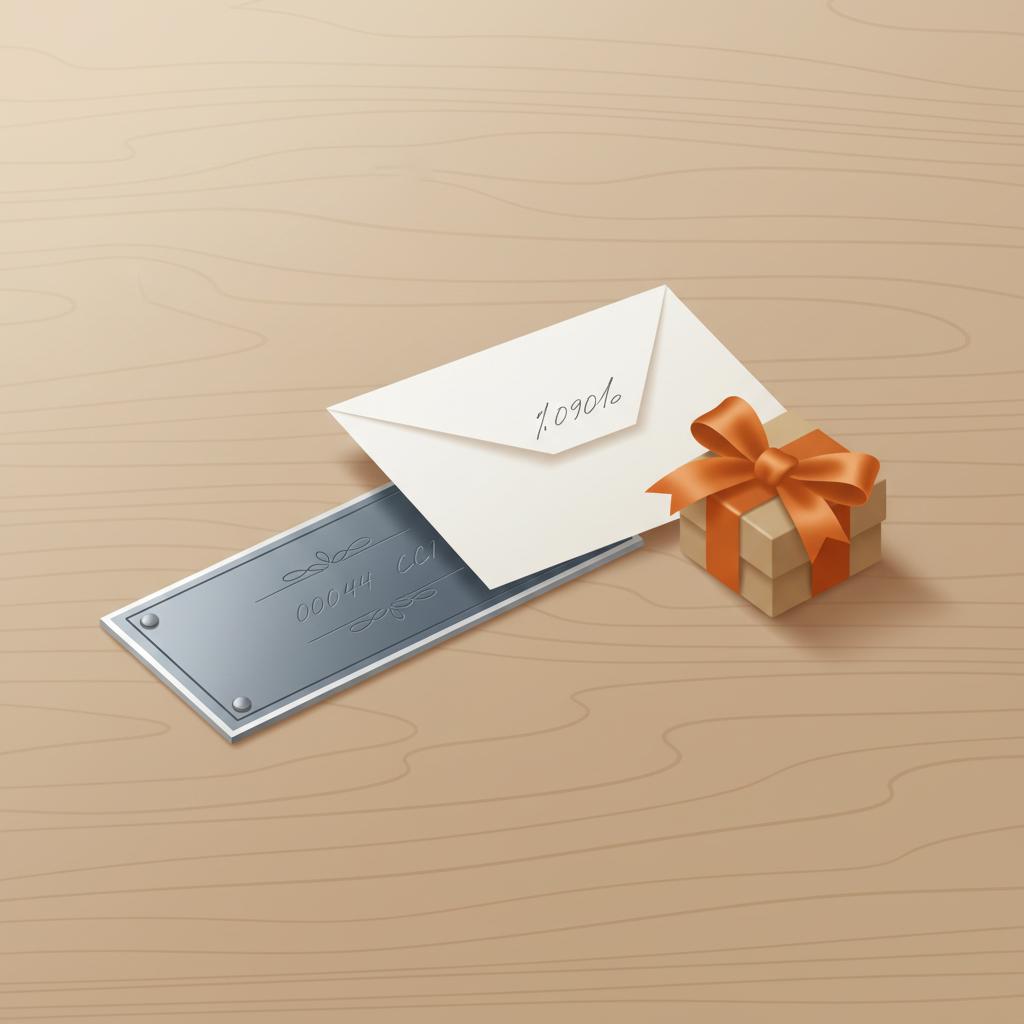 Nahaufnahme eines personalisierten Metallschilds auf Holz mit leerer Karte und Geschenkbox mit Satinband, minimalistisch, warme Lichtstimmung. Was schenkt man zur kleinen Hochzeit?
