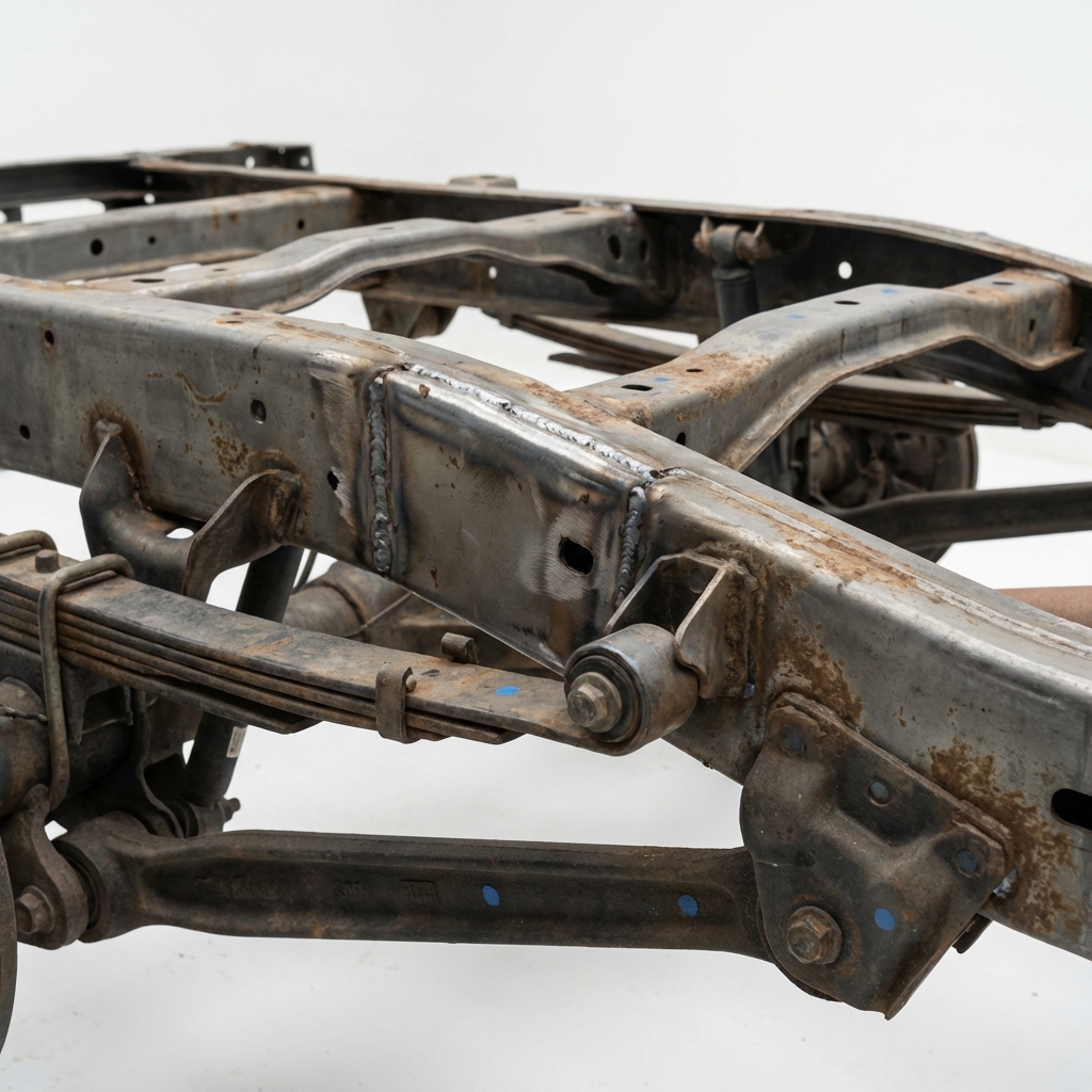 Close up undercarriage showing frame suspension weld repairs and rust spots on a toyota tundra used for sale in a clean minimalist CarFax Deals inspection style