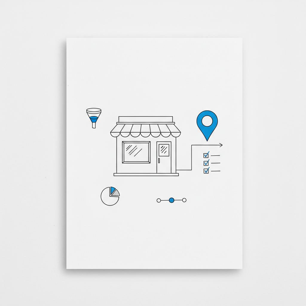 Minimalist notebook-style sketch of a local storefront with map pin and checklist illustrating a Google Business Profile setup, using brand accents
