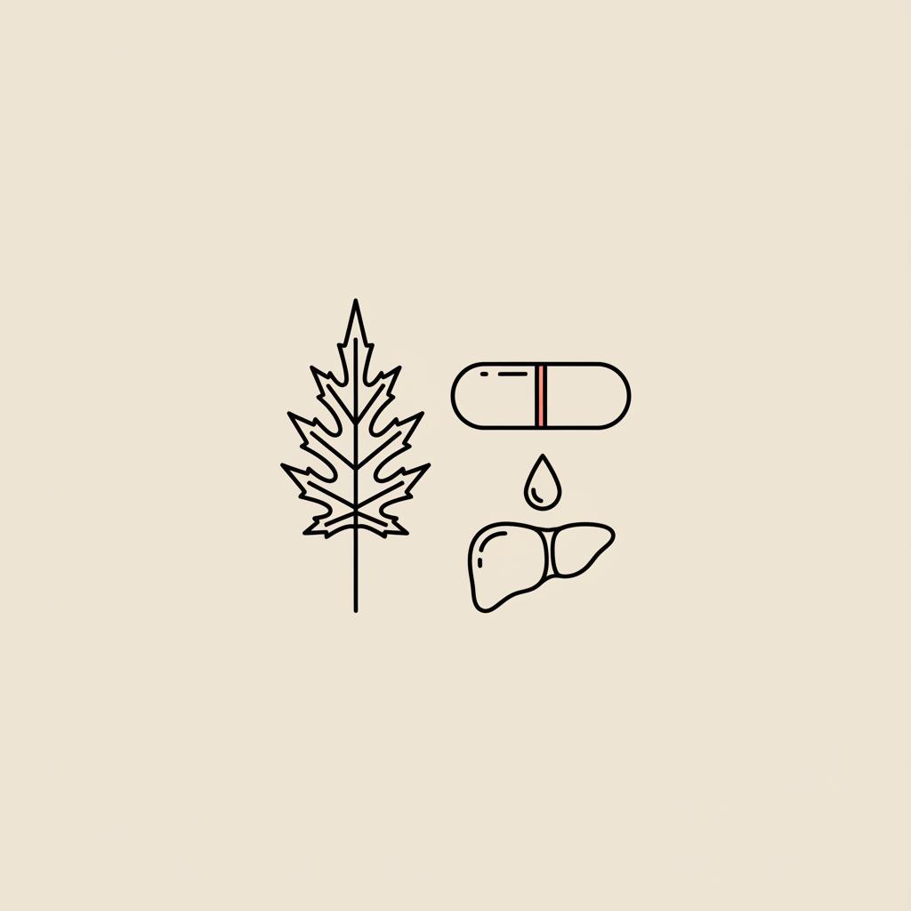 Minimalist Tonum-style vector line illustration of a milk thistle leaf, capsule, stylized liver icon and water droplet on beige background — milk thistle liver detox