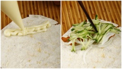 Trải bánh ra, cho 1 lớp mayonnaise vào góc, sau đó đến 1/4 lượng thịt gà, hành tây và dưa leo. Xếp bánh lại, xịt sốt mayonnaise vào, xếp ít thịt gà vào là hoàn thành. Bạn tương tự với những cái bánh khác nhé!