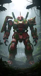 Abandoned Red Military Mech Overgrown in Jungle Ruins
