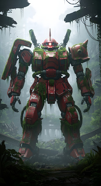 Abandoned Red Military Mech Overgrown in Jungle Ruins - Free mobile Wallpaper