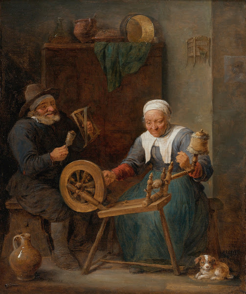 An Elderly Couple Spinning Woolin An Interior