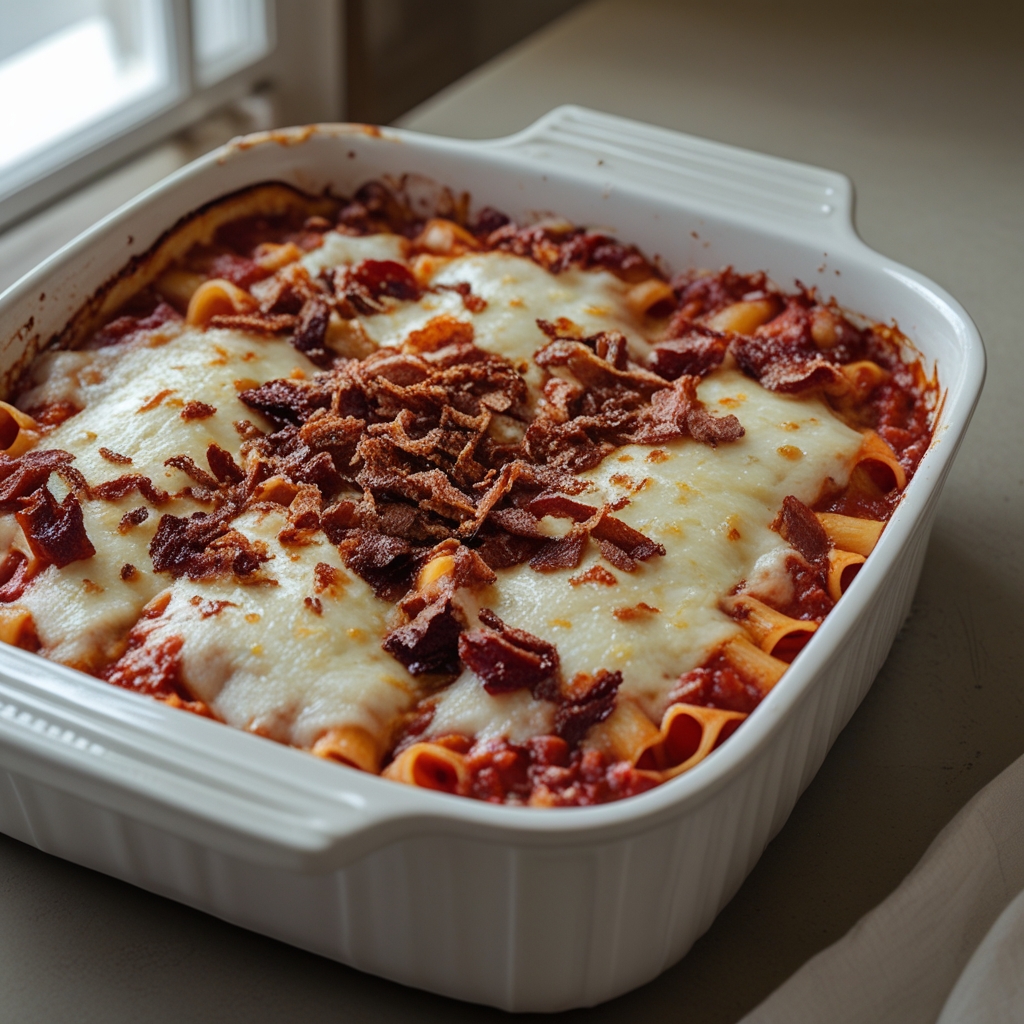 Smoked Mozzarella & Sun-Dried Tomato Baked Ziti with Crispy Prosciutto Crumble