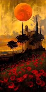 Tuscan Poppies Field Orange Sun Dramatic Painting