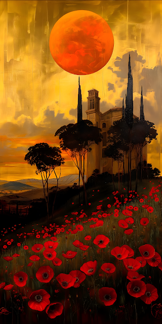 Tuscan Poppies Field Orange Sun Dramatic Painting - Free mobile Wallpaper