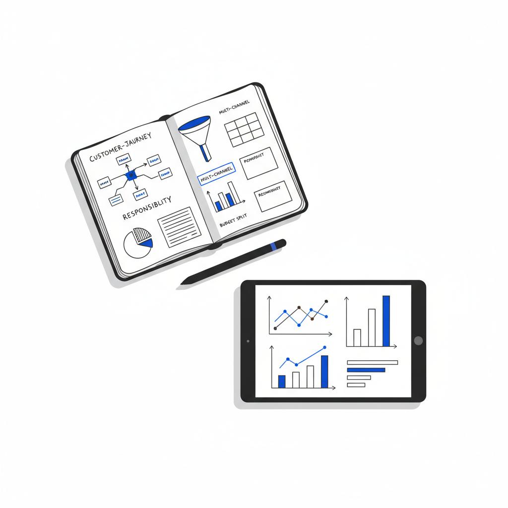 Overhead vector illustration of tidy desk with notebook, stylus and tablet showing simplified campaign performance charts (bars and lines) in Agency Visible colors, X ad formats