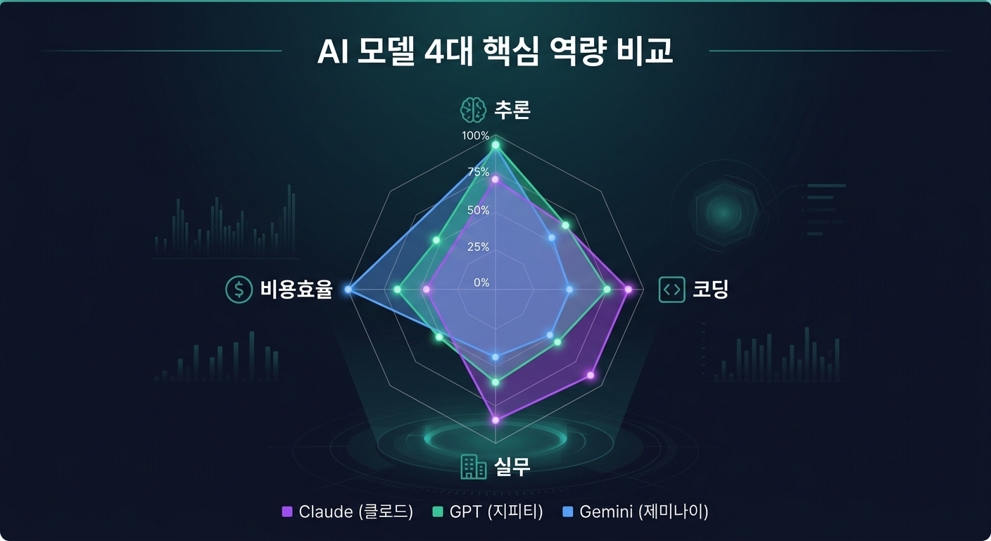 3대 AI 모델 벤치마크 비교 차트 — 추론 코딩 실무 가격 4축 비교