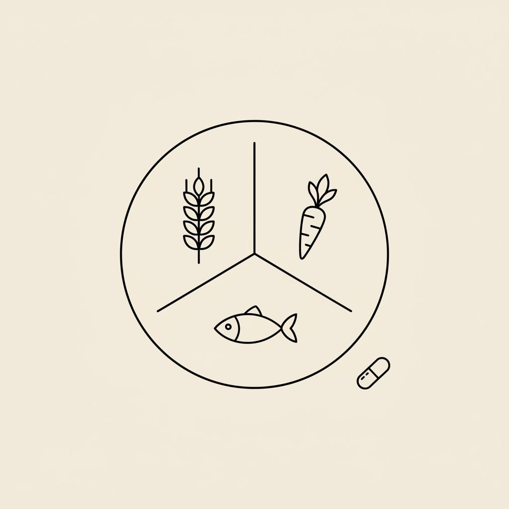 Minimalist 2D line illustration of a plate split into vegetables, grain and protein with a small capsule on beige background — 80/20 rule for dietitians