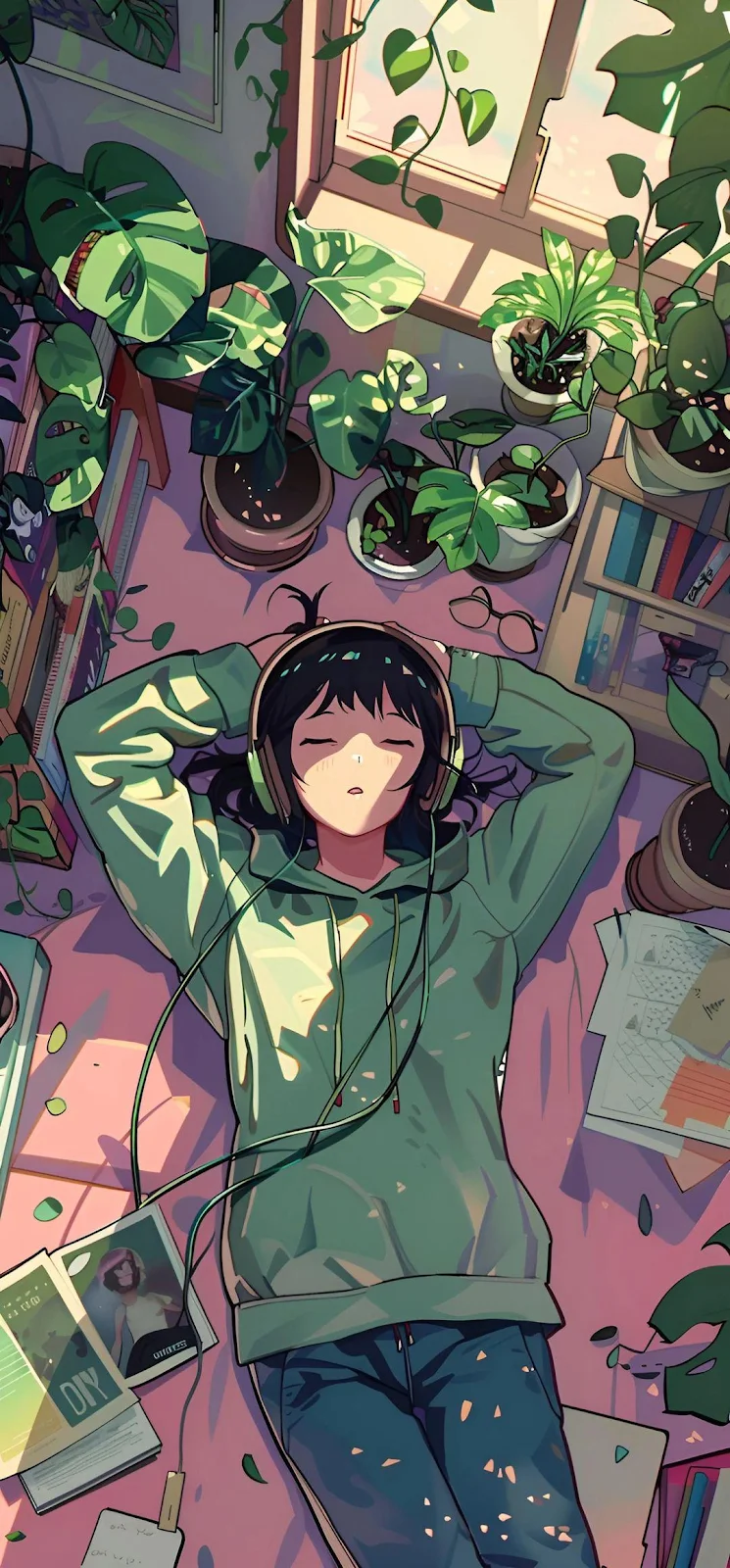 Cozy Anime Girl Listening to Music - Digital Anime Art Full HD iPhone Wallpaper (1080x2321)