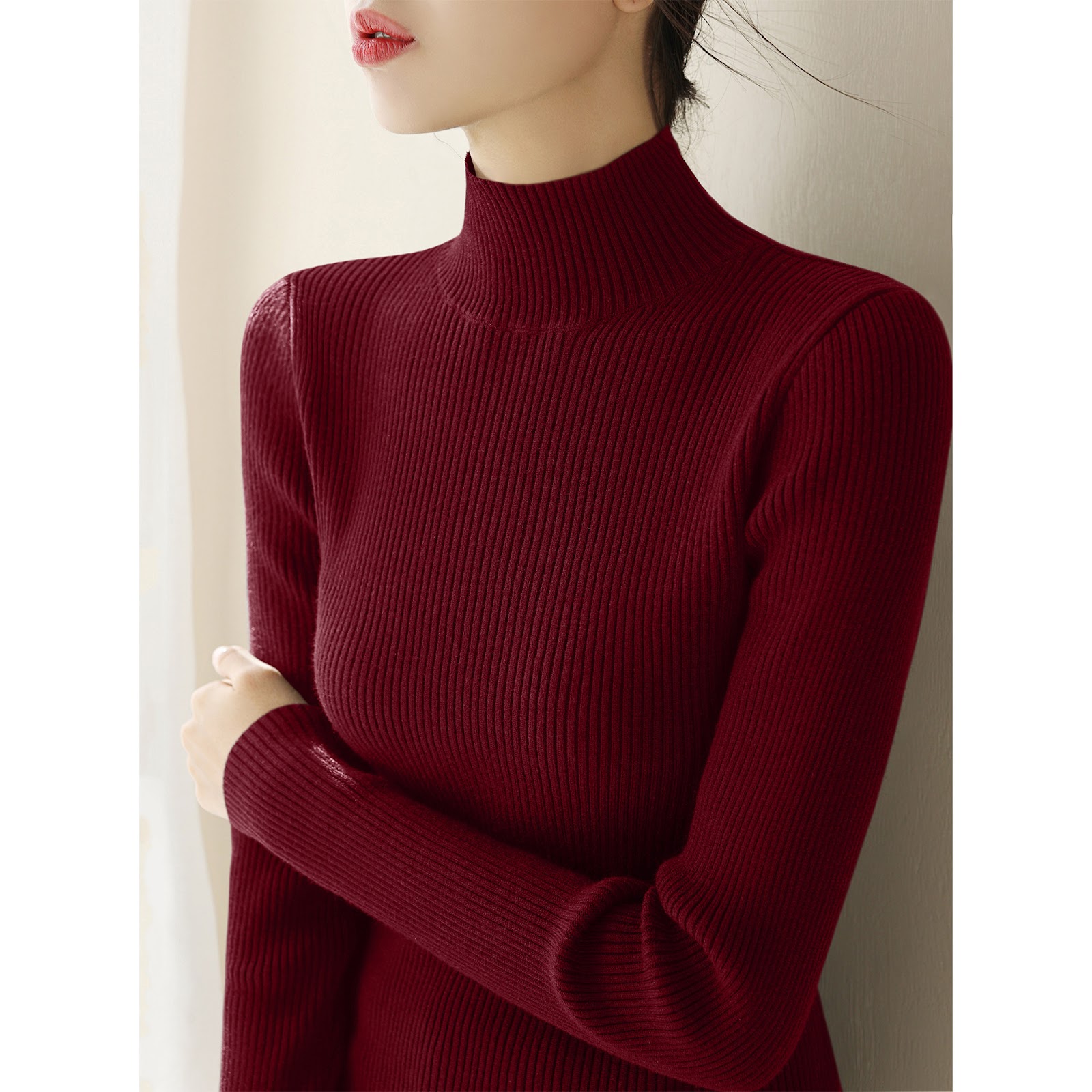 Women's knitted sweater with stand-up collar, slim fit