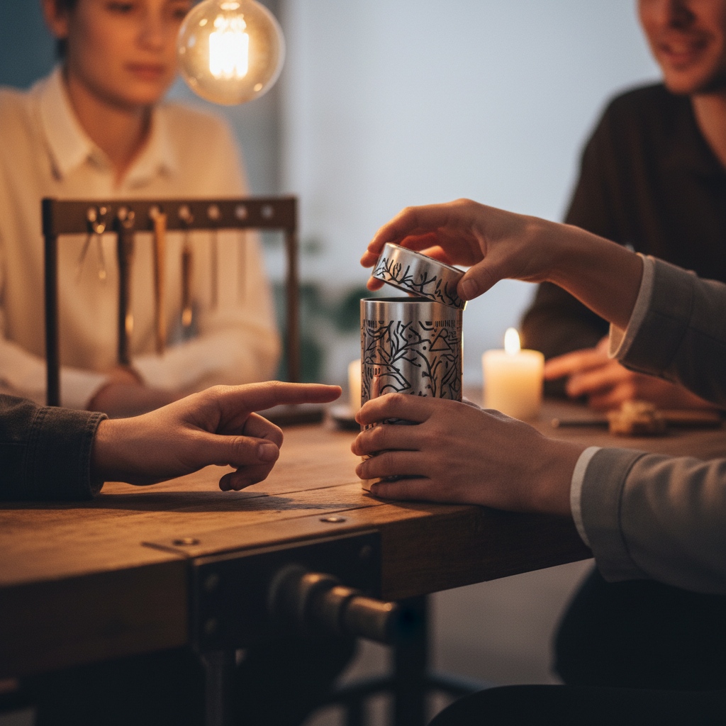 Nahaufnahme von Händen, die eine gravierte Schatulle öffnen in warmer Abendstimmung mit industriellen Holz- und Metalldetails — geschenkideen zum 50. hochzeitstag