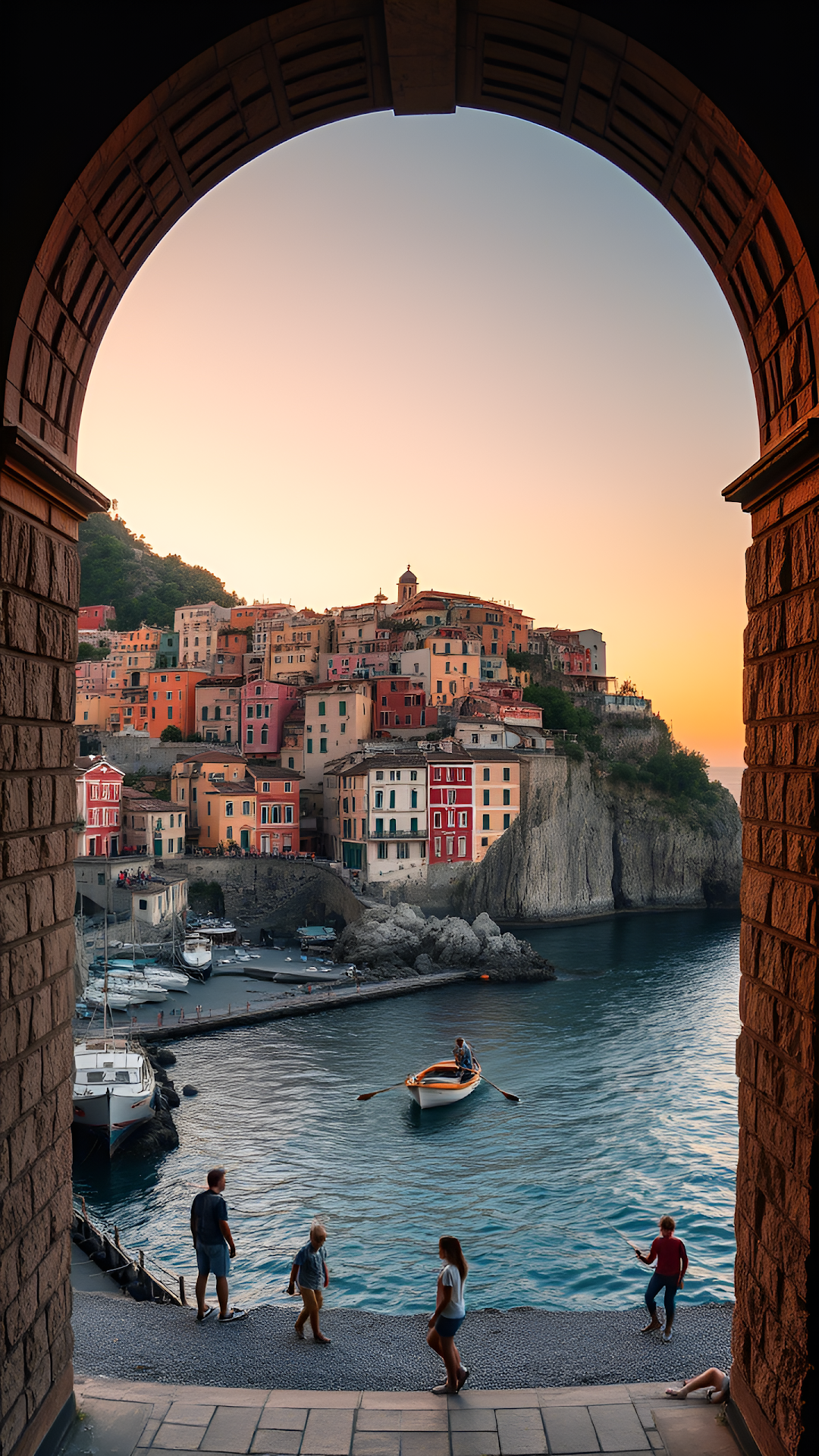 Cinque Terre Village View Through Stone Arch at Sunset - Free 4K mobile Wallpaper