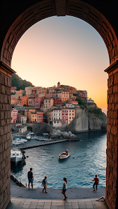 Cinque Terre Village View Through Stone Arch at Sunset