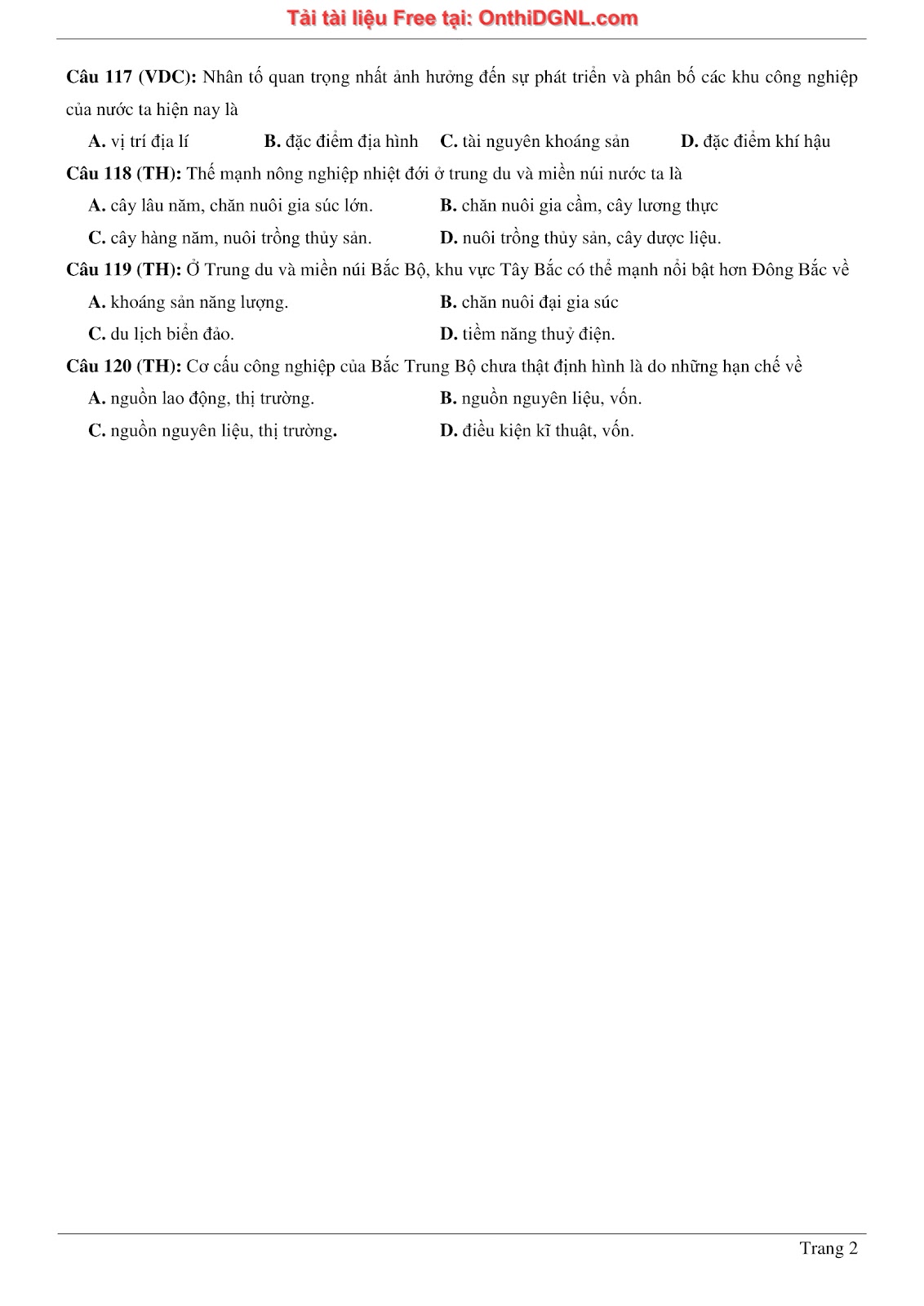 150bài tập môn Địa Lý - Ôn thi ĐGNL ĐHQG TP hà nội Phần 12