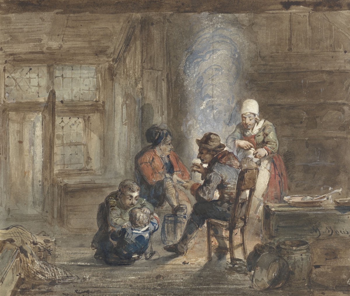 Interieur met een familie rond een haard 1849   1917