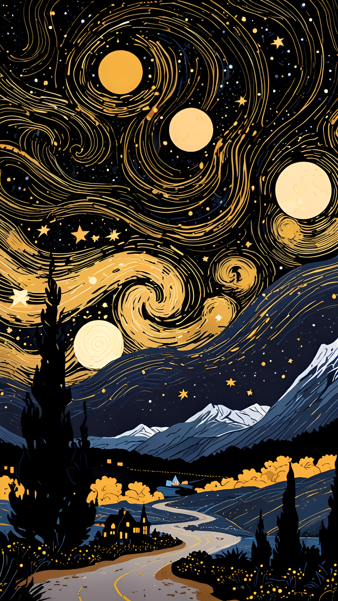Swirling Starry Night Landscape, Van Gogh Inspired Painting - Free 4K mobile Wallpaper
