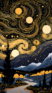 Swirling Starry Night Landscape, Van Gogh Inspired Painting