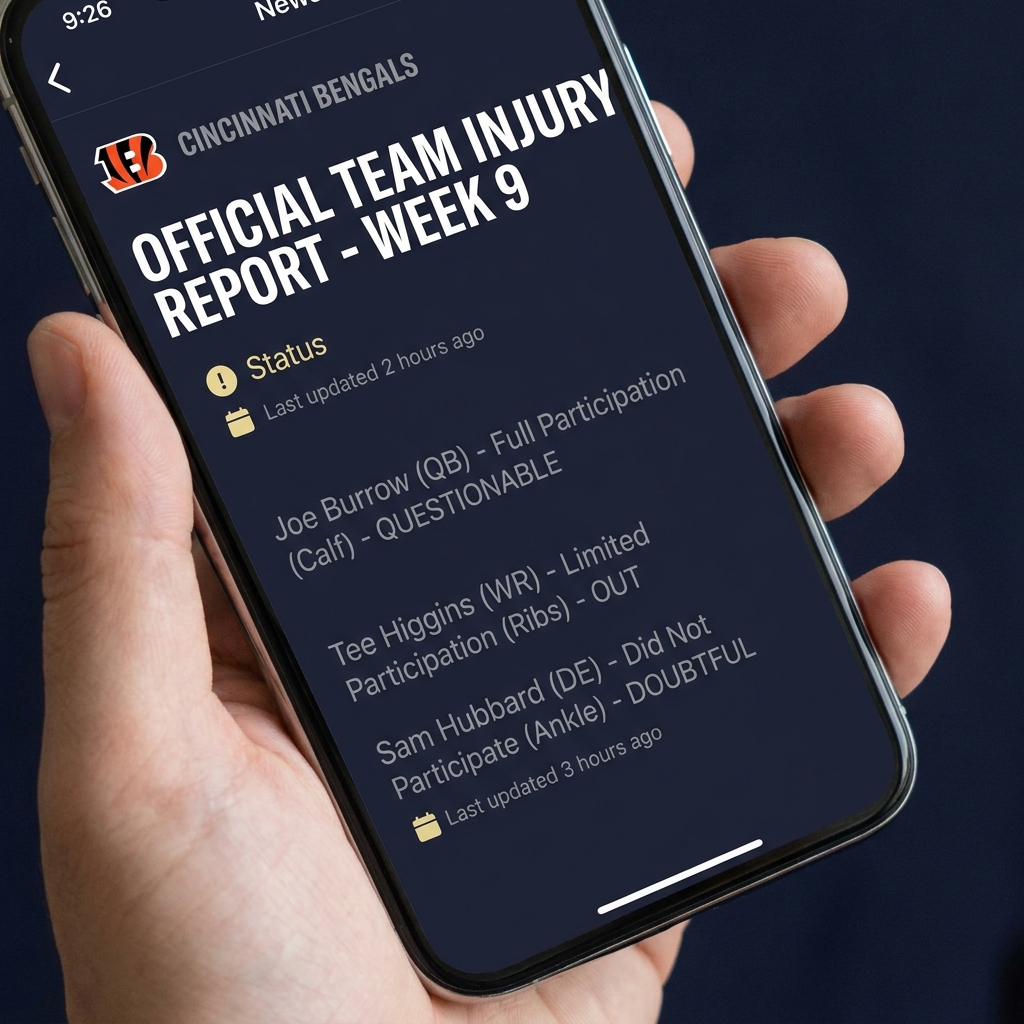 Close up smartphone displaying official injury report page with Bengals logo clear injury statuses and bengals odds highlighted on a minimalist dark background