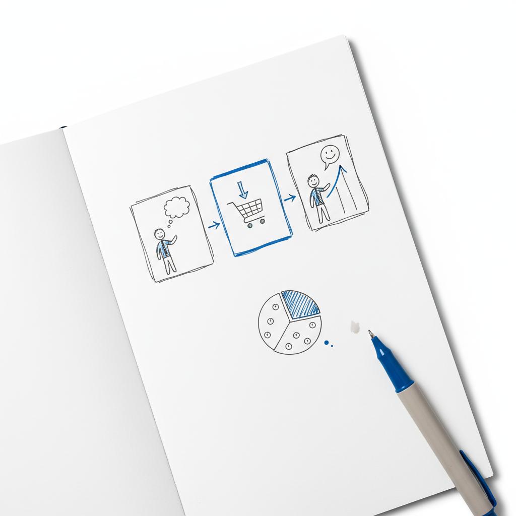 Close-up minimalist sketched ad storyboard with three frames, arrows and tiny budget split next to a pen on white paper &mdash; Is $10 a day good for Facebook ads?