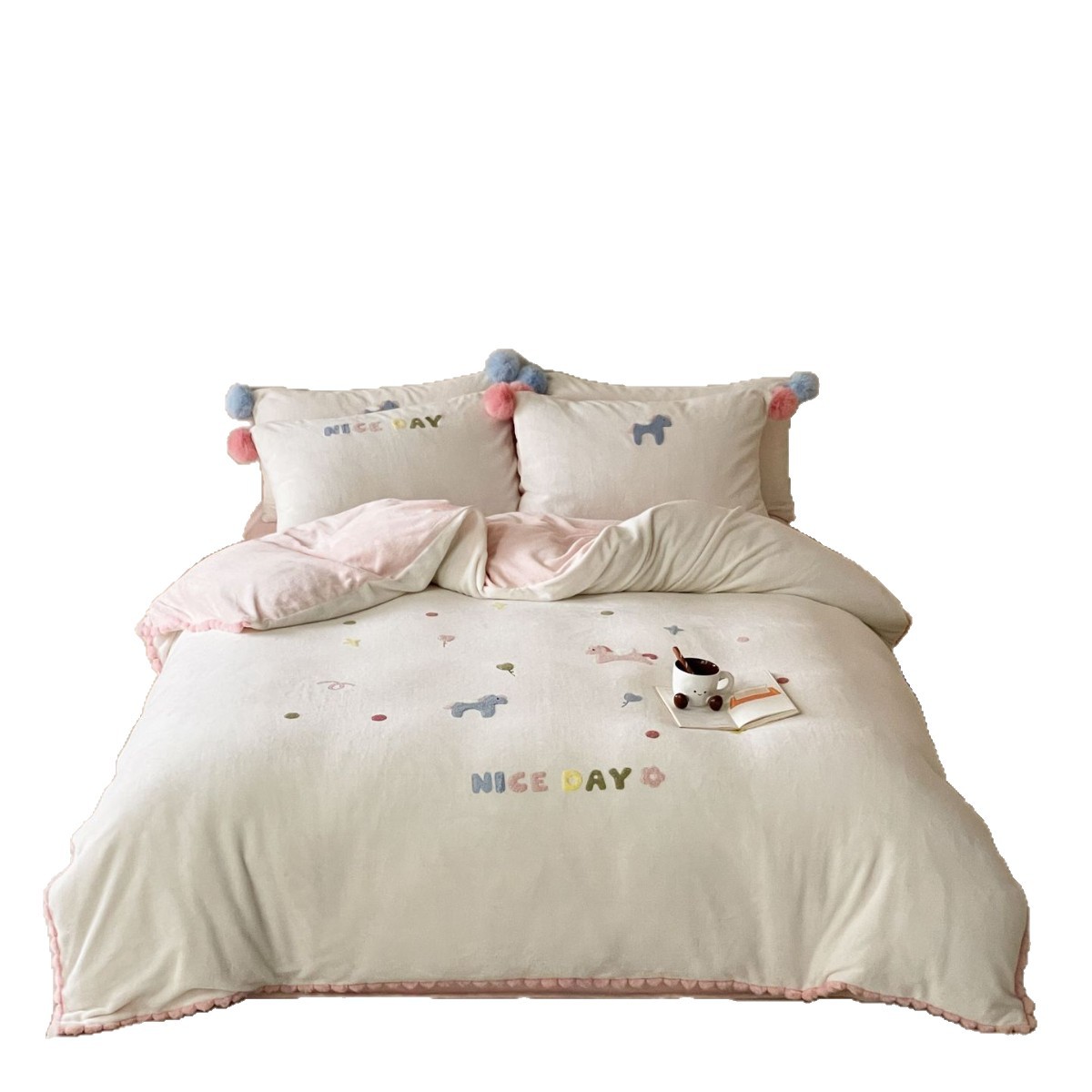 Milk Fiber Bedding Set with Cartoon Motif, 4-Piece