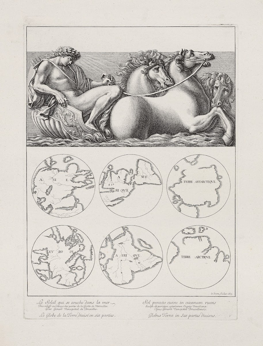 The sun sets in the sea the globe of the Earth is divided in six parts 1673