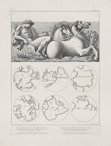 The sun sets in the sea the globe of the Earth is divided in six parts 1673